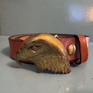 Vintage Brown Leather Belt with Solid Brass Gold Eagle Buckle 45”
